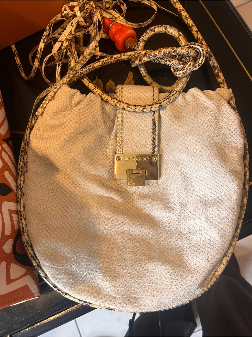 Jimmy Choo White Textured Crossbody with Snakeskin Trim